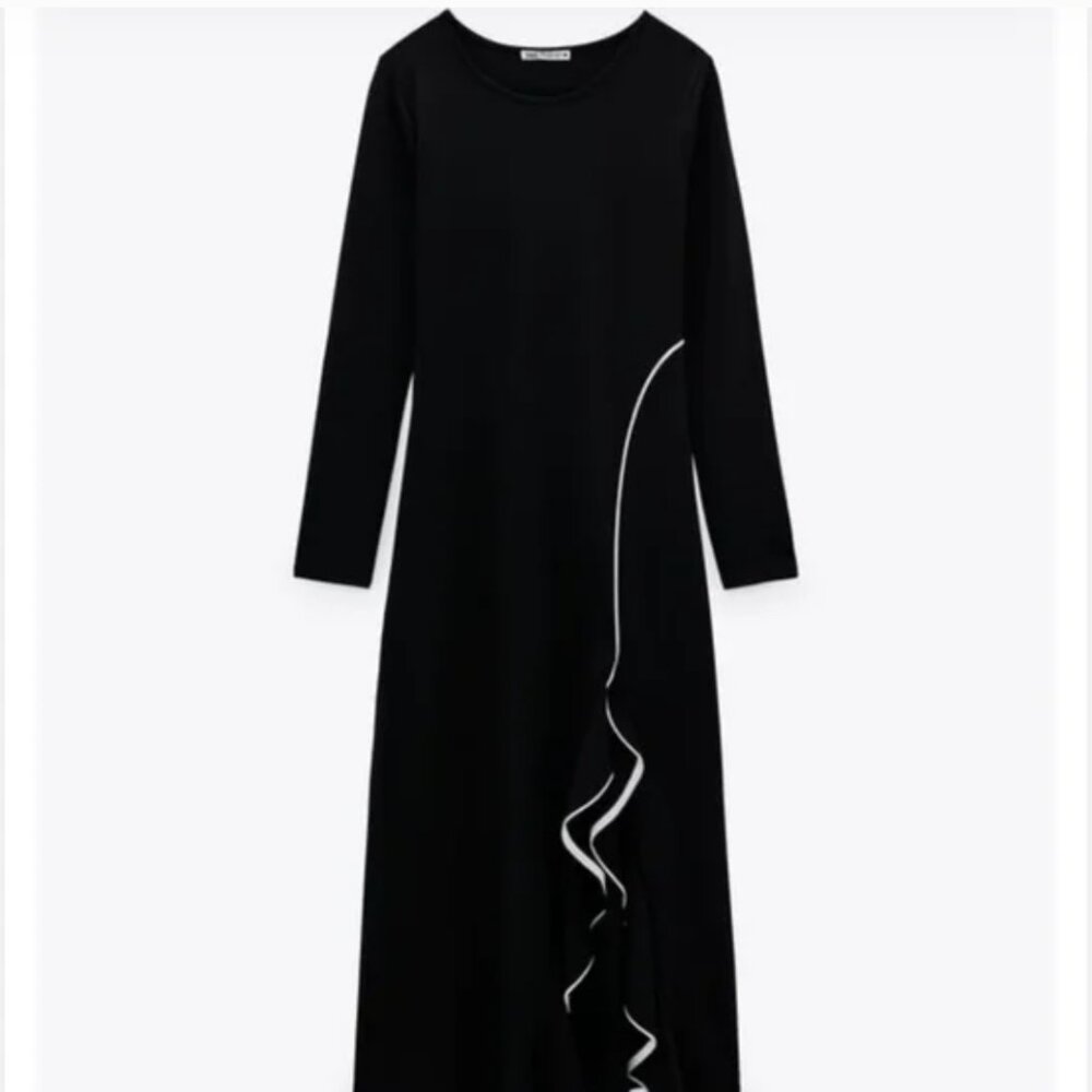 Zara NWT Black Long Sleeve Midi Dress with Ruffled White Piping